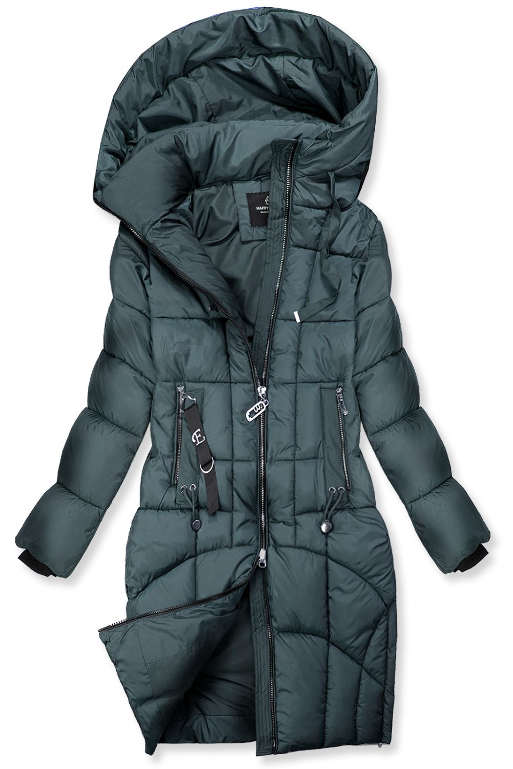 Prodloužená dámská zimní bunda petrolejově zelená