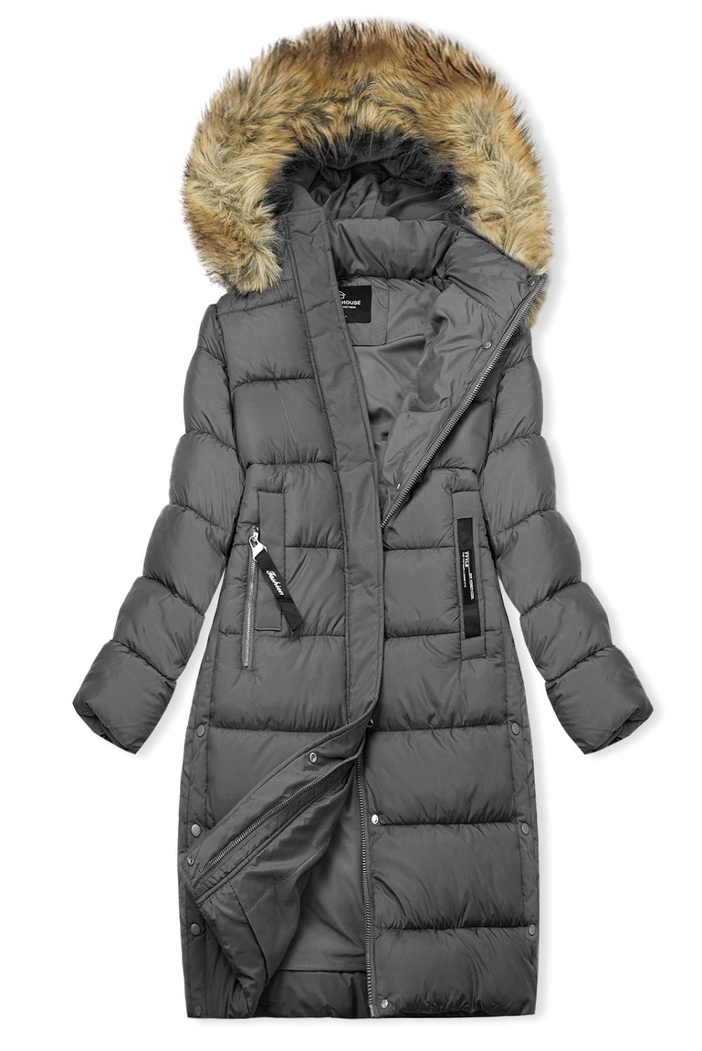 Šedá dlouhá zimní bunda s kožešinou