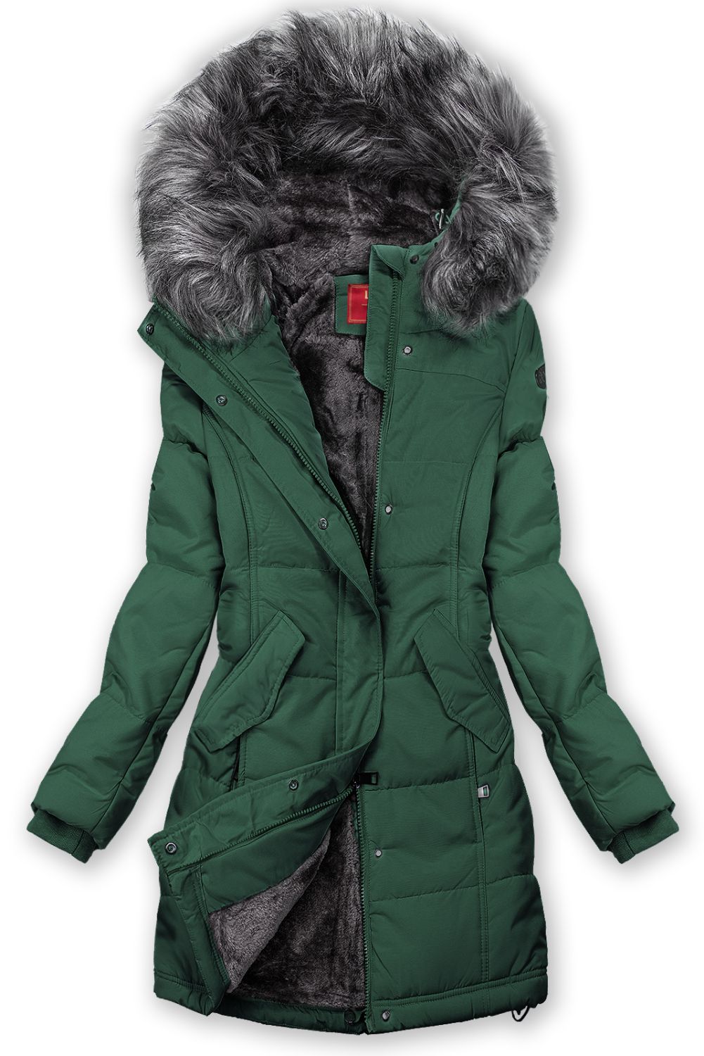 Tmavě zelená zimní bunda s šedým plyšem