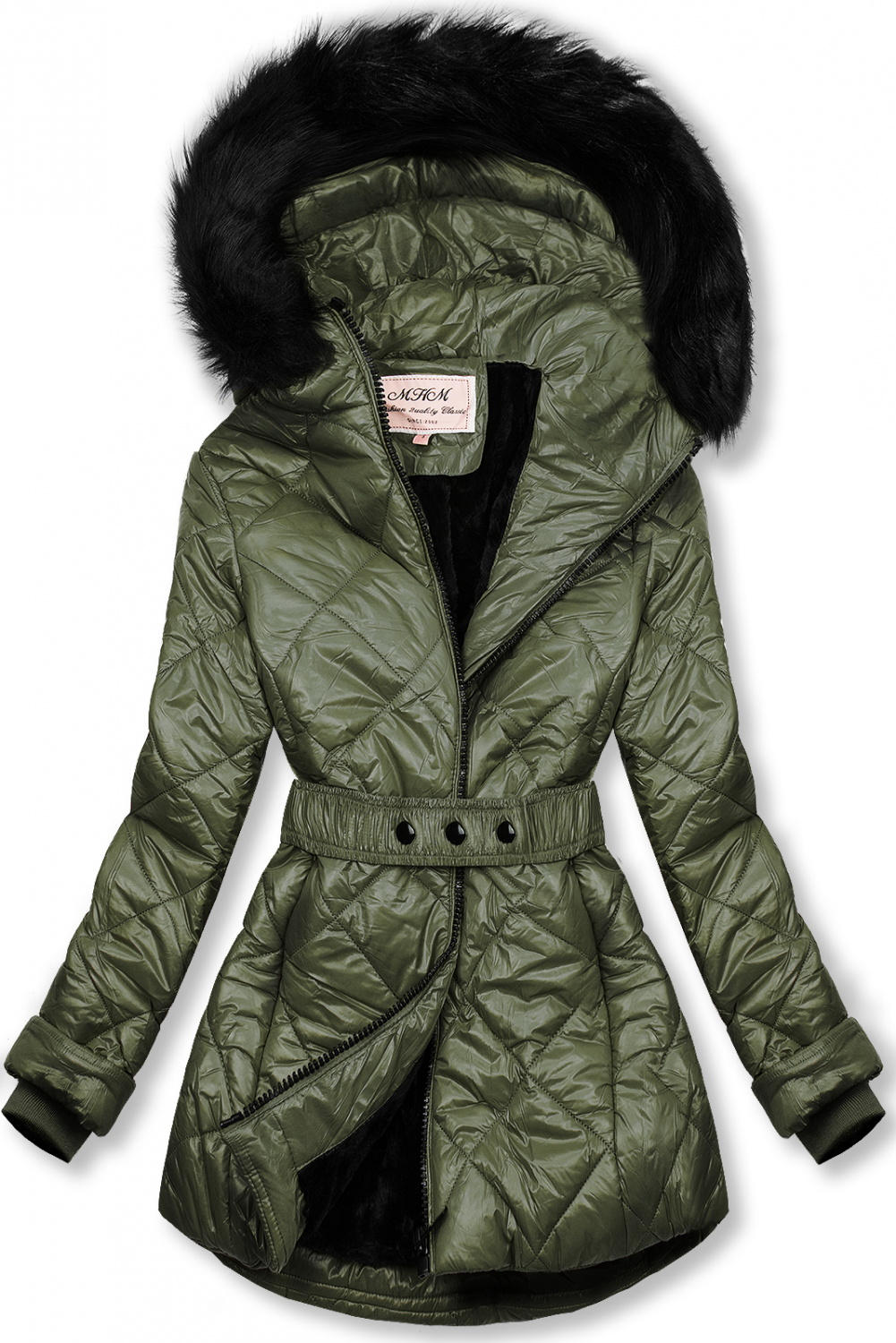 E-shop Khaki lesklá zimní bunda s páskem