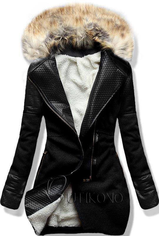 Černý zimní kabát s kožíškem