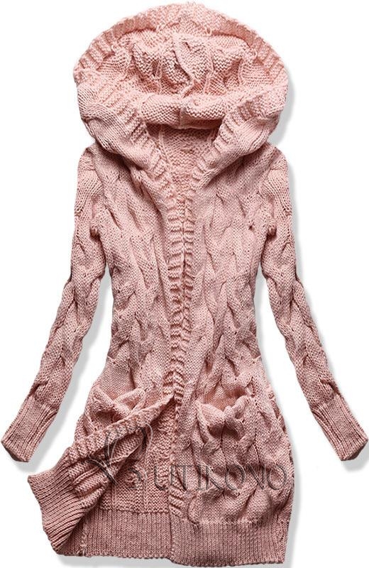 Růžový dlouhý svetr s kapucí