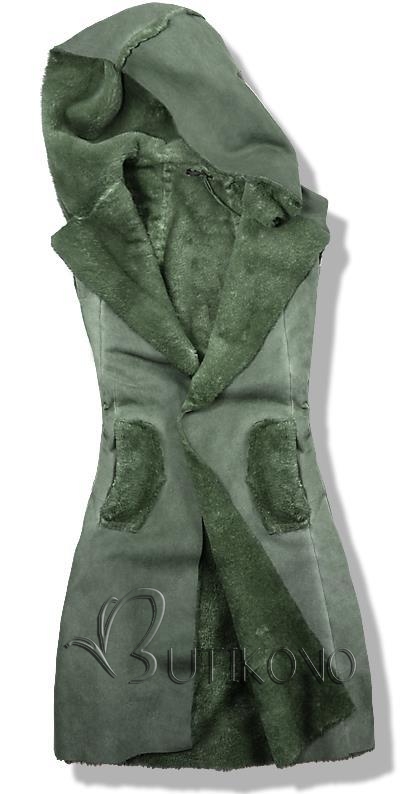 Zelená dlouhá kožešinová vesta s kapucí IT09