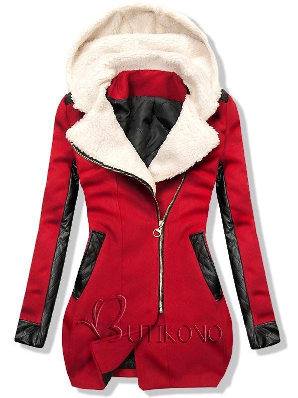 Červený zimní kabát s koženkovými detaily