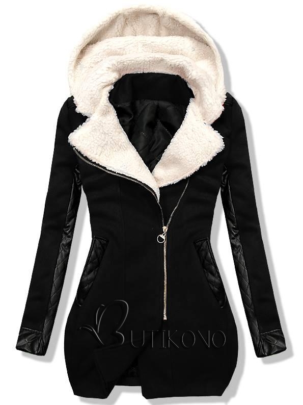Černý zimní kabát s koženkovými detaily