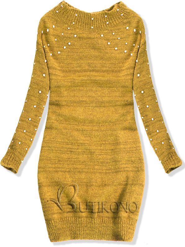 Hořčicově-žlutý prodloužený svetr s perličkami