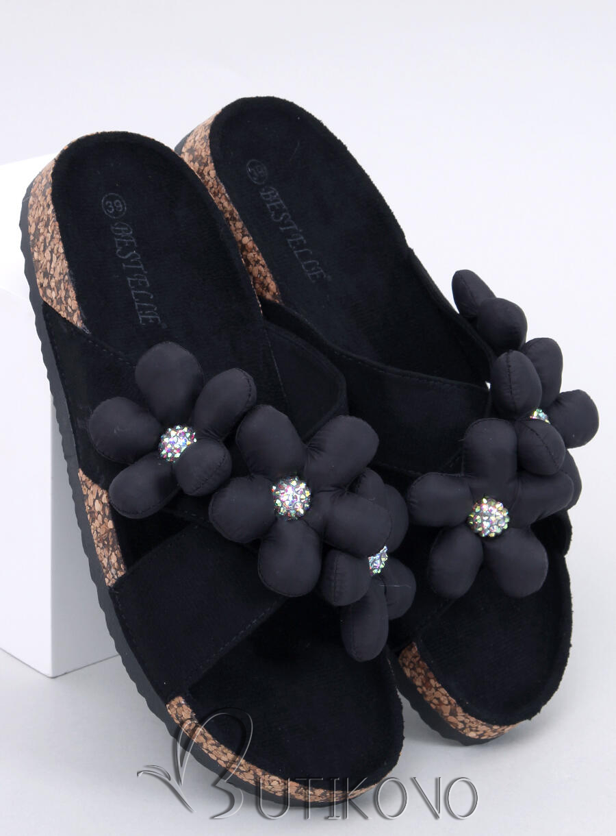 Semišové pantofle s květinami černé