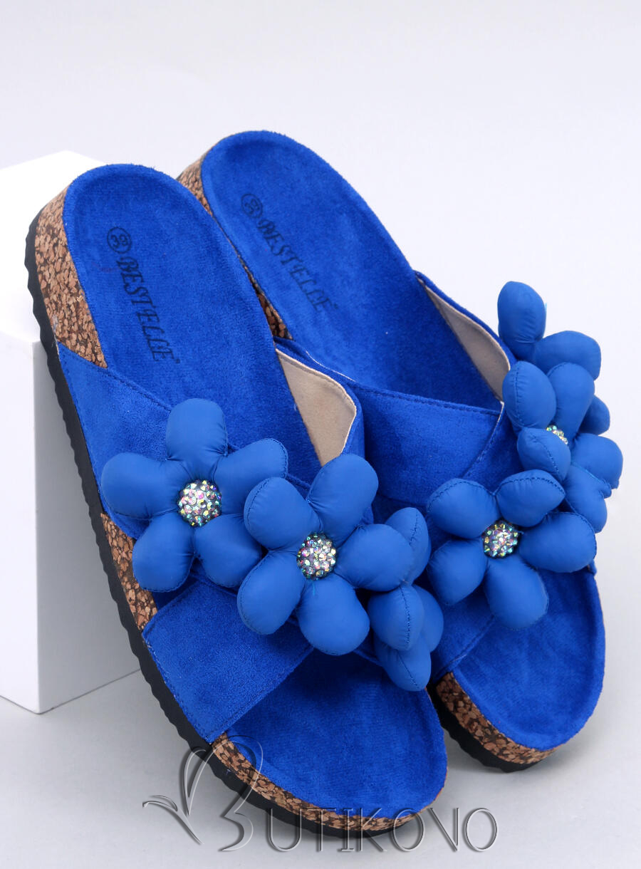 Semišové pantofle s květinami královská modrá