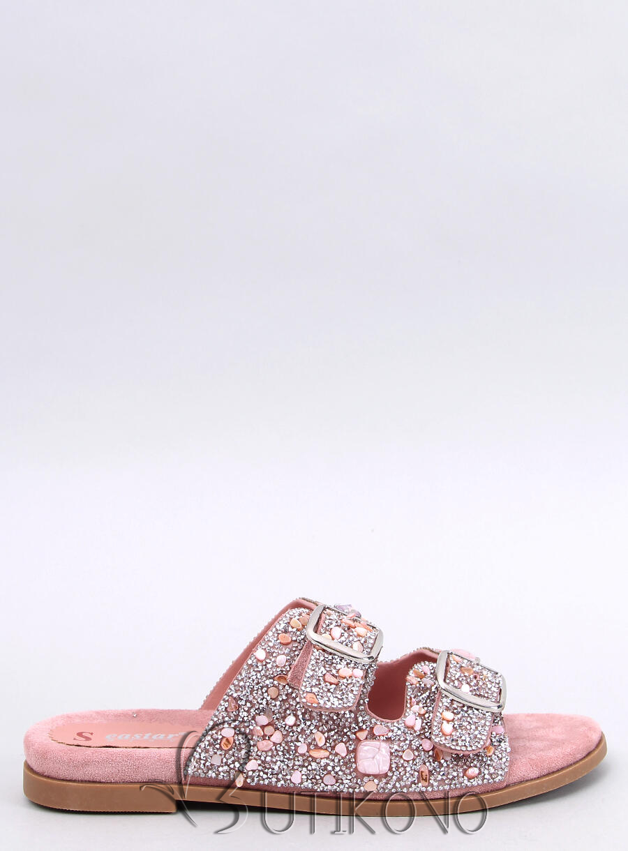 Dámské pantofle s kamínky světle růžové
