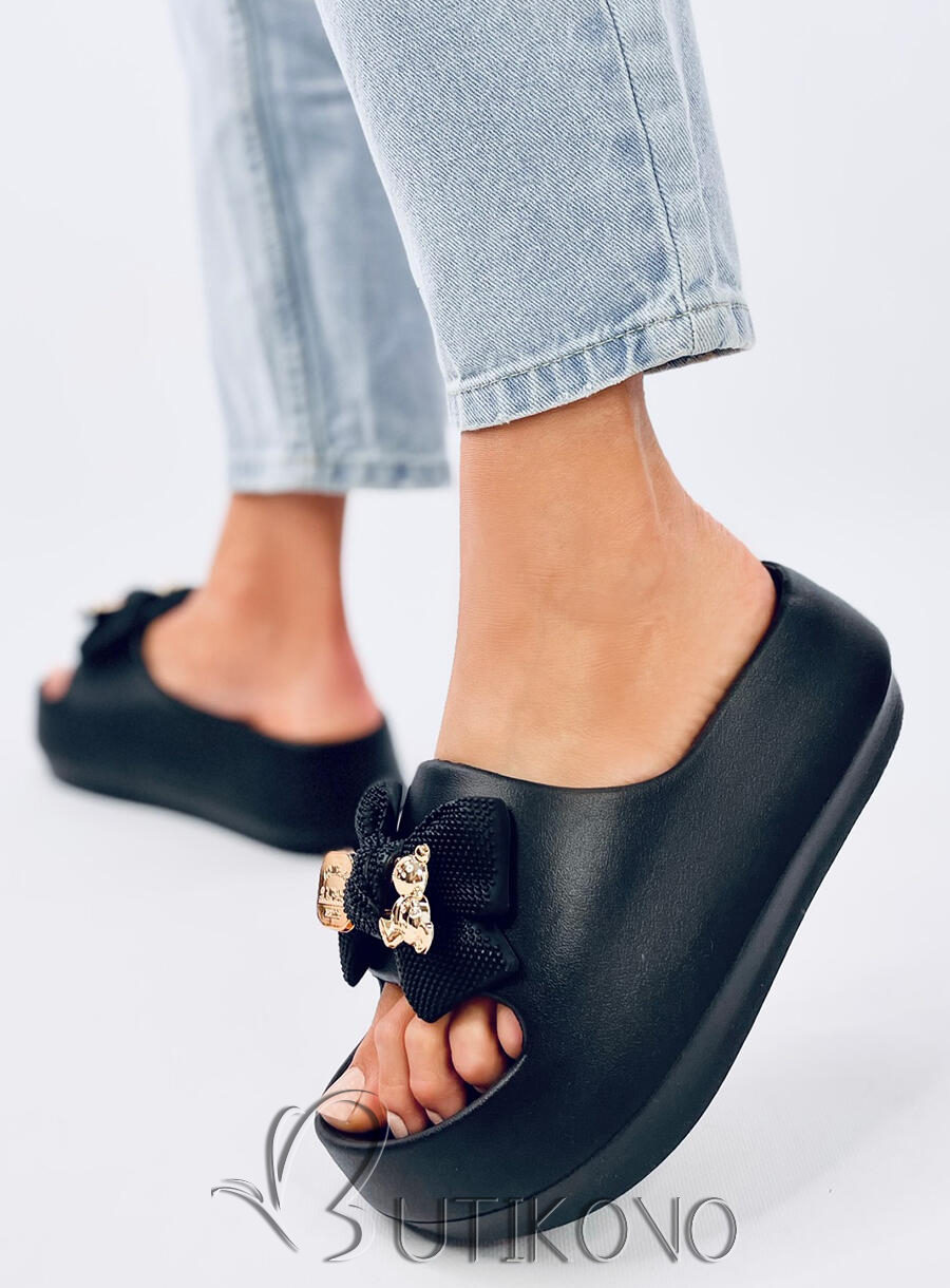 Černé dámské gumové pantofle s mašlí