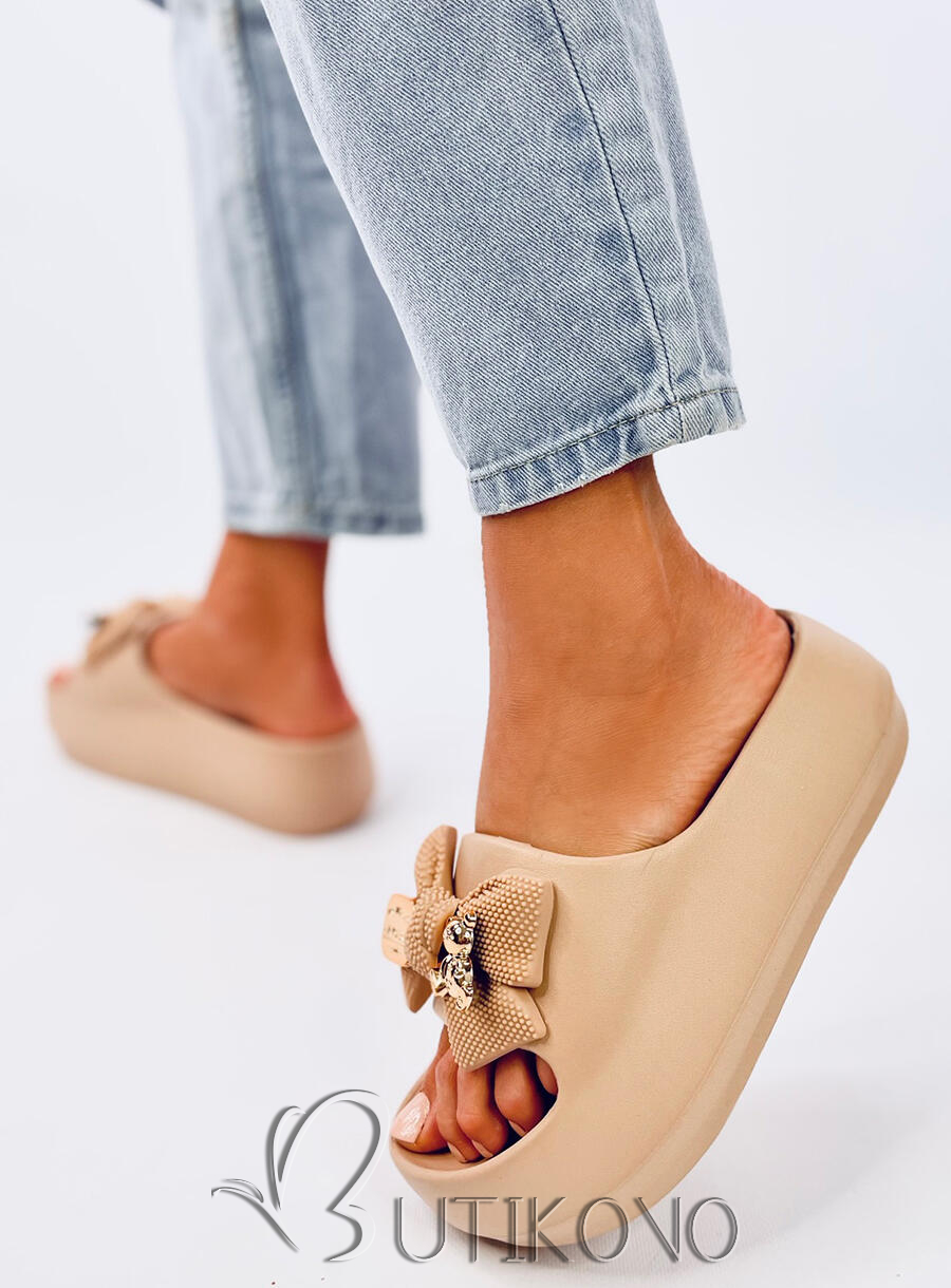 Béžové dámské gumové pantofle s mašlí