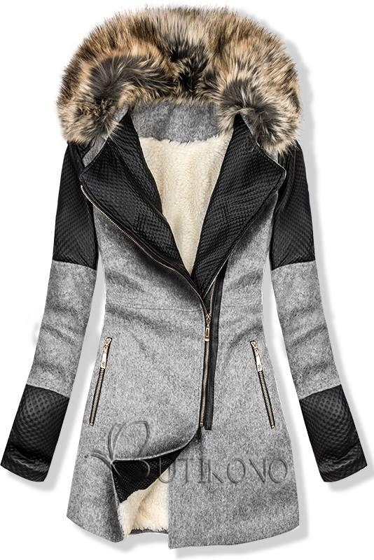Světle šedý zimní kabát s kožešinovou podšívkou