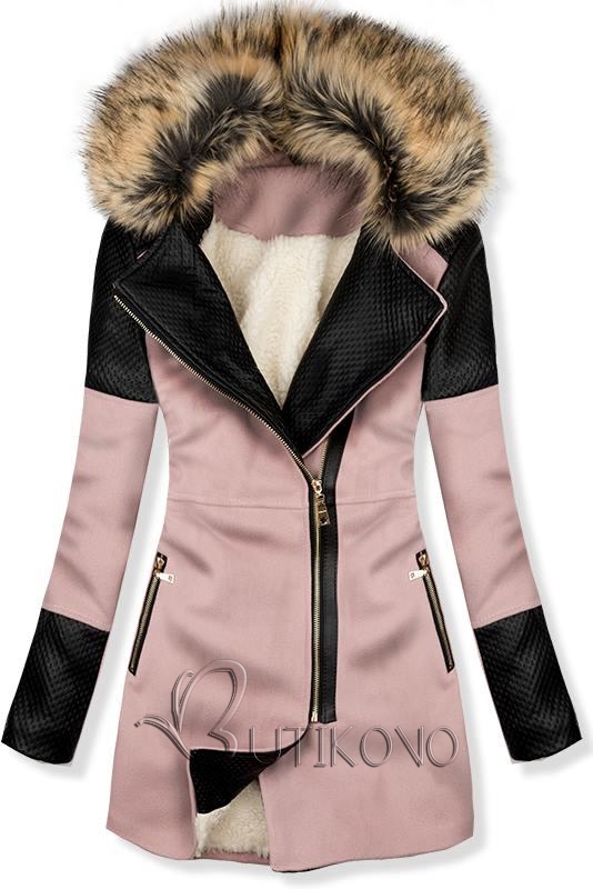 Růžový zimní kabát s kožešinovou podšívkou