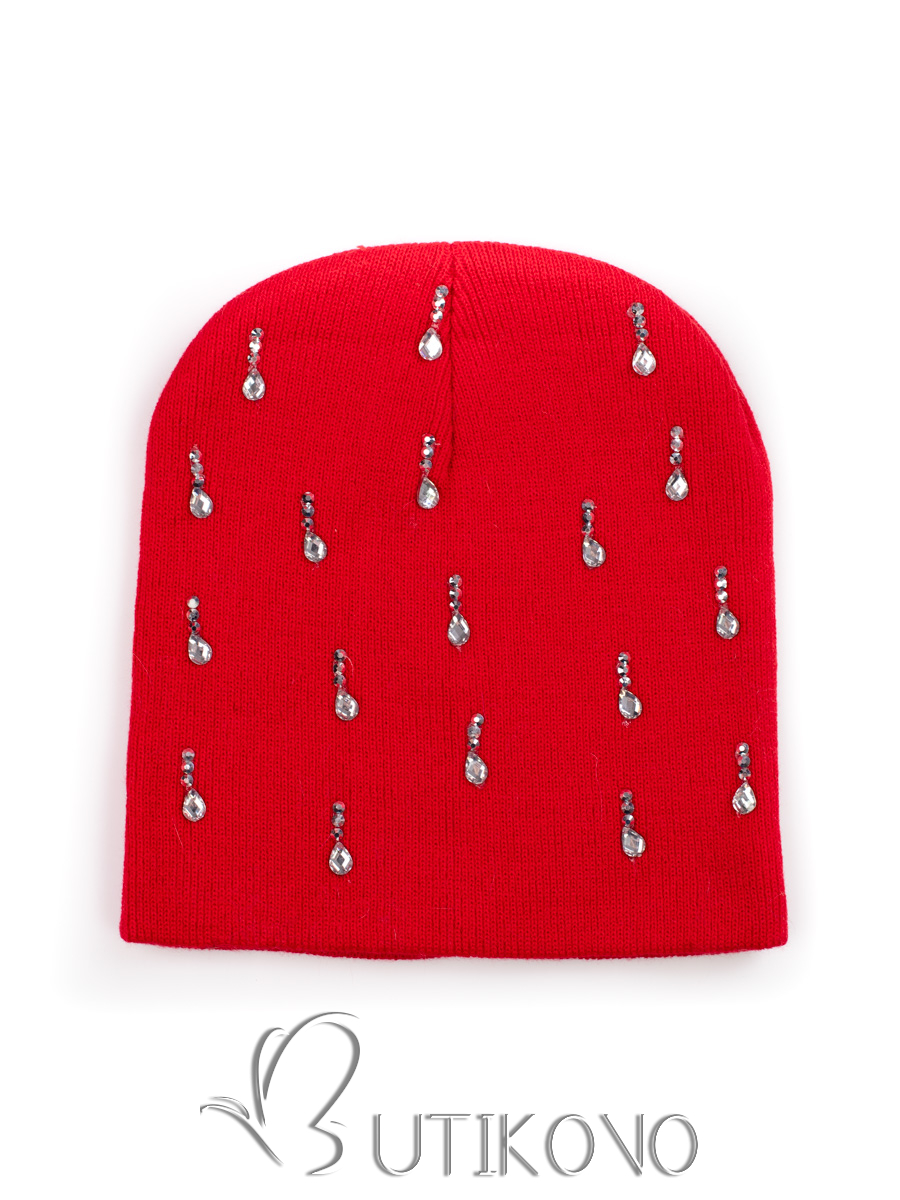 Červená dámská čepice s ozdobami