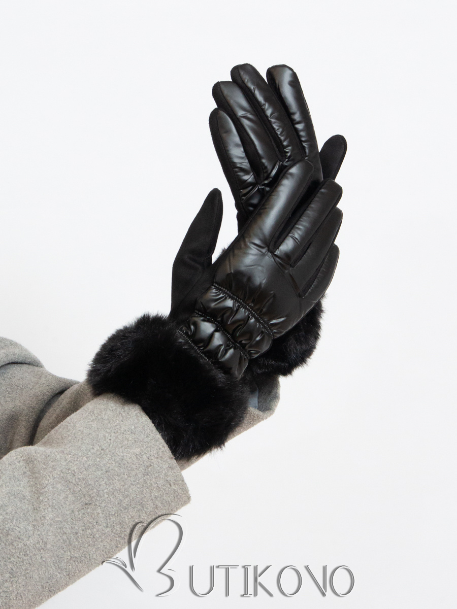 Lesklé černé dámské rukavice