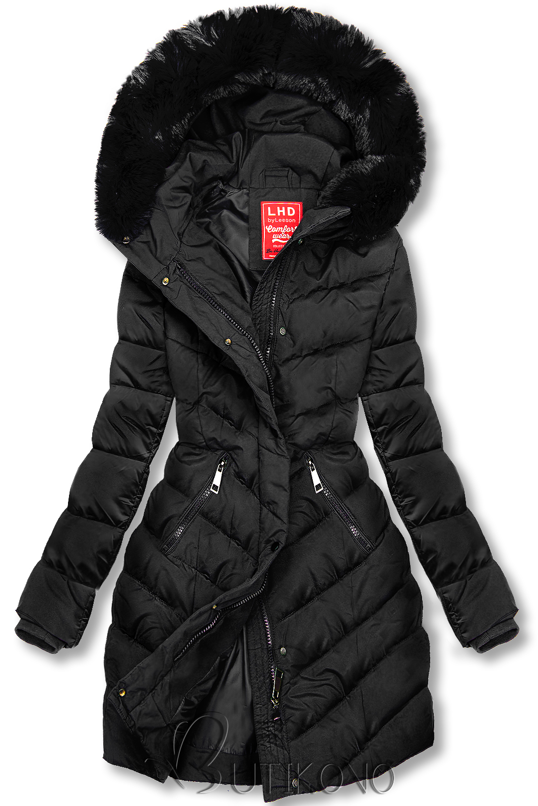 Černá zimní bunda tvarovaná pro širší boky