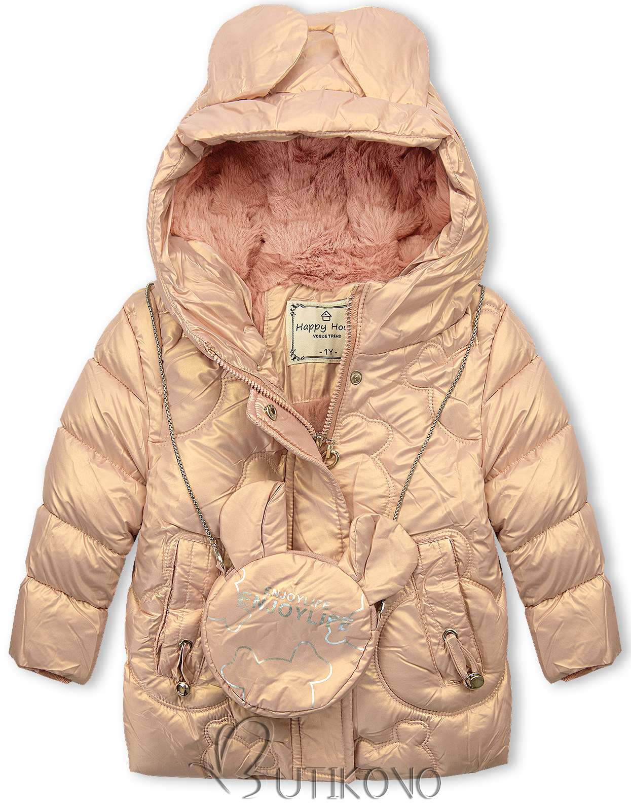 Světle růžová zimní dívčí bunda s kabelkou