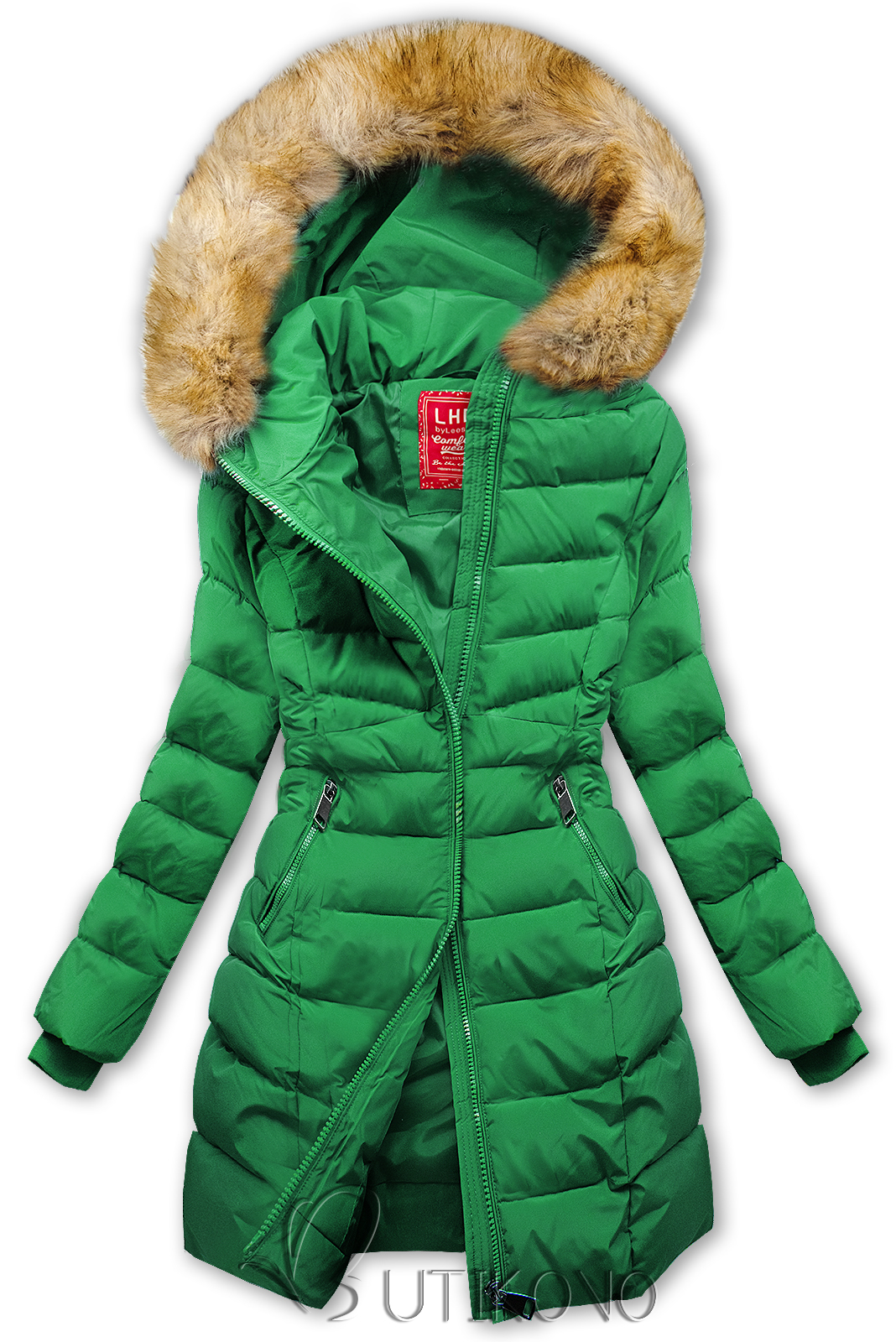 Zelená prošívaná zimní bunda s kožešinou