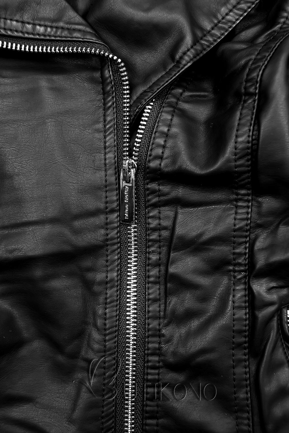 Černá koženková bunda s kožešinovým límcem