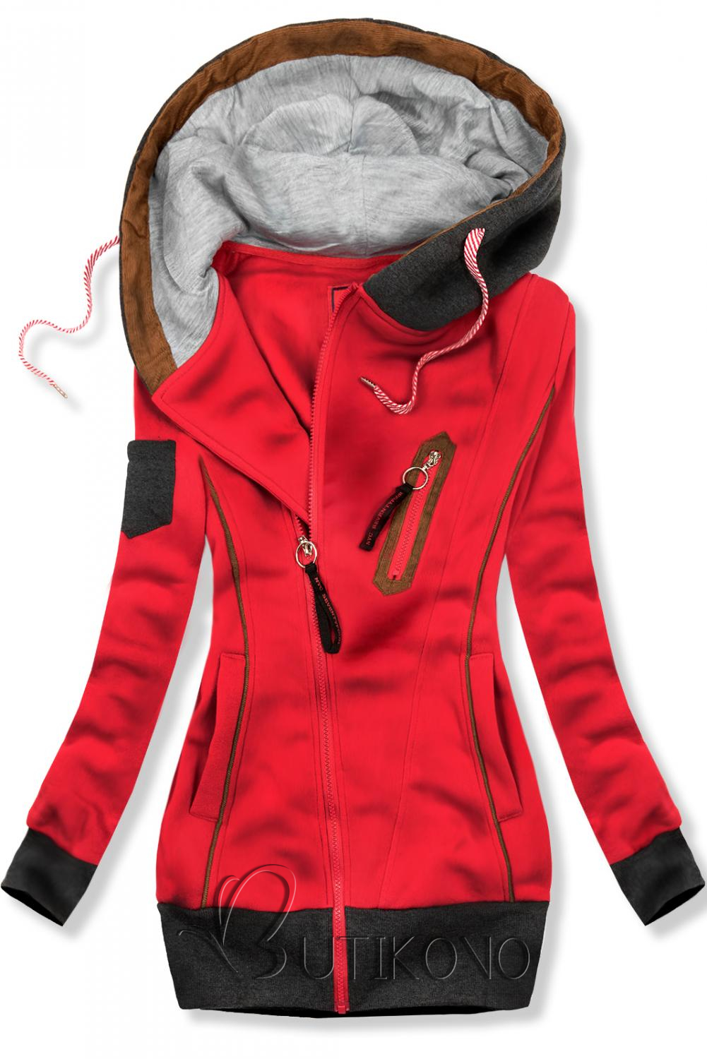 Červená prodloužená mikina s kapucí