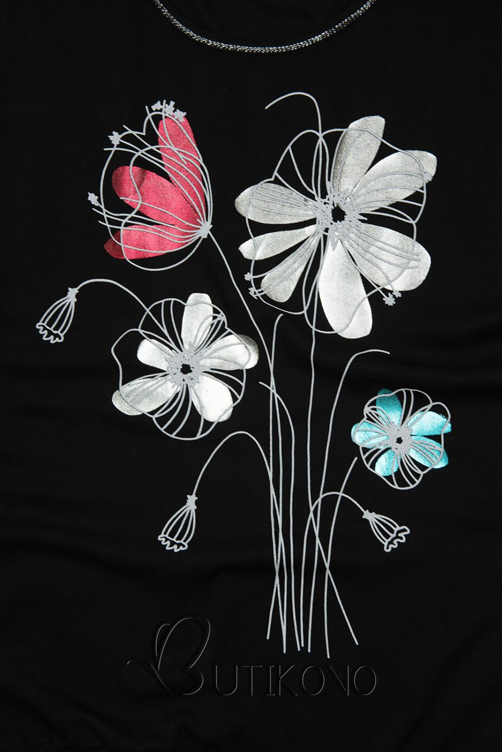Černé tričko s potiskem květů