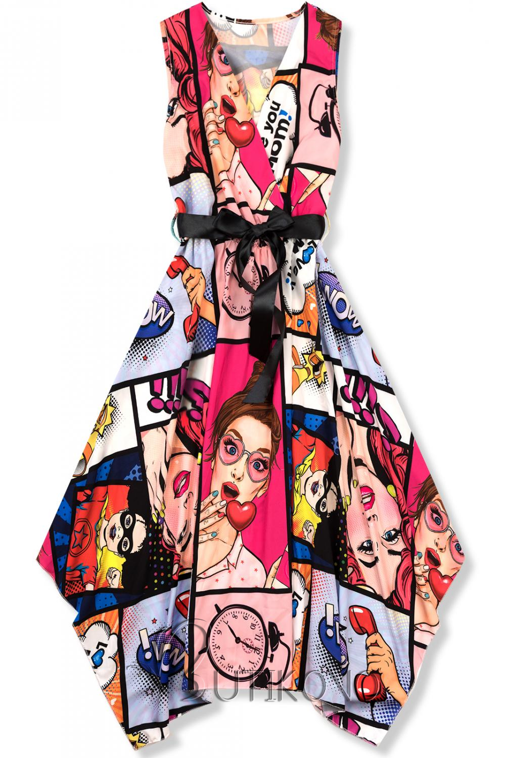 Růžové midi šaty s komiksovým motivem