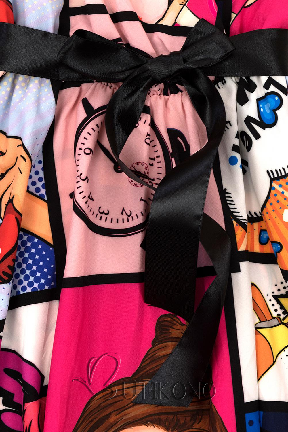 Růžové midi šaty s komiksovým motivem