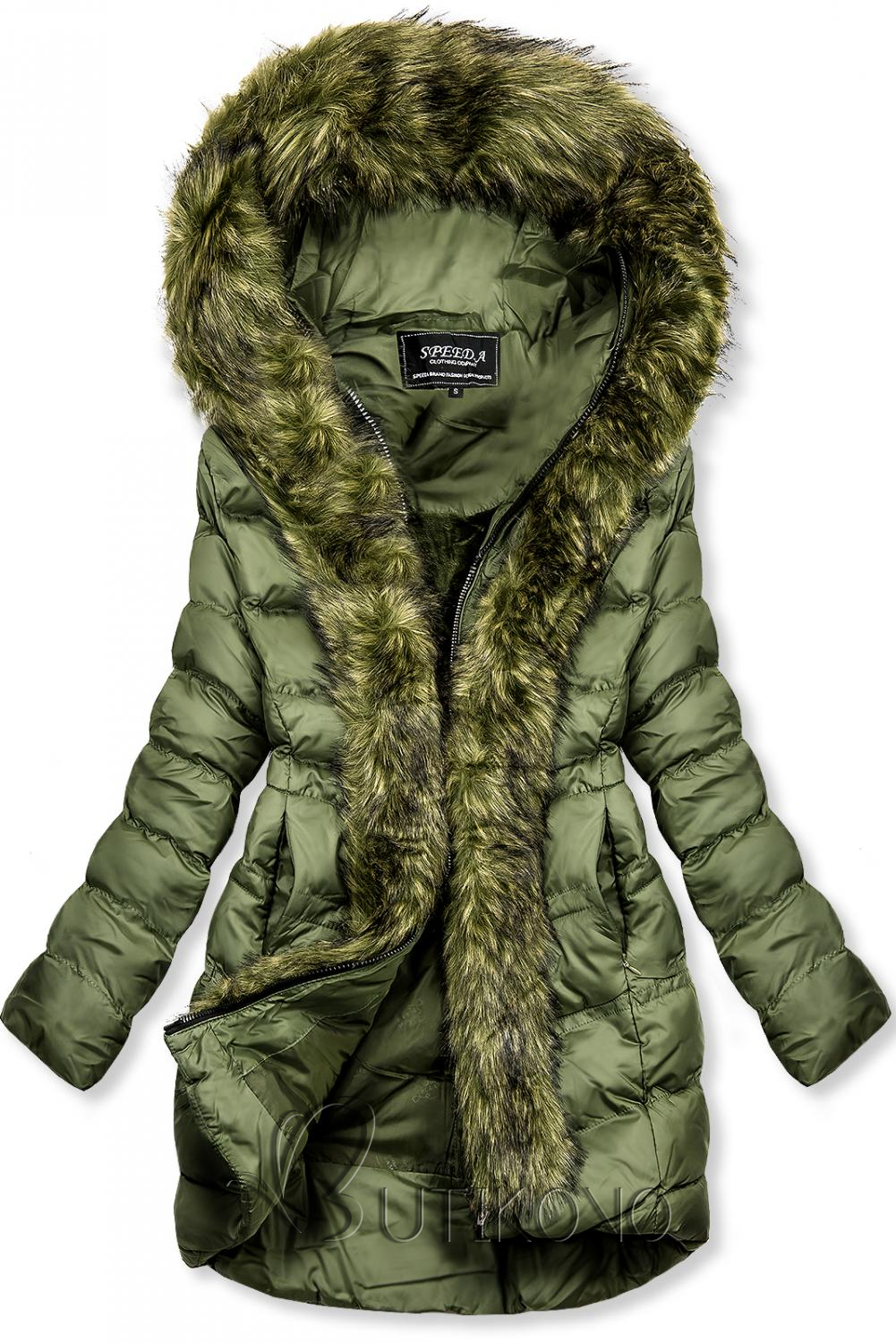 Zelená zimní bunda s kožešinovým lemem