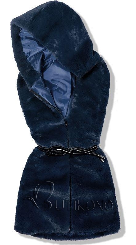 Tmavě modrá kožešinová vesta s páskem