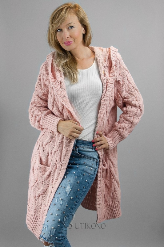 Růžový dlouhý svetr s kapucí
