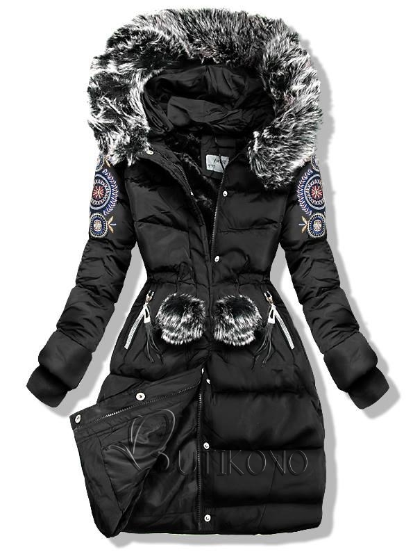 Černá zimní bunda s výšivkou