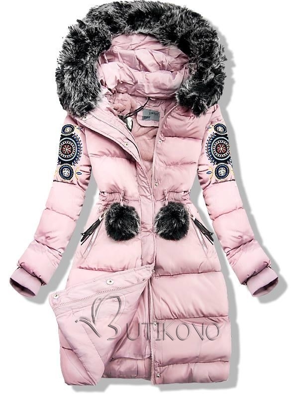 Růžová zimní bunda s výšivkou