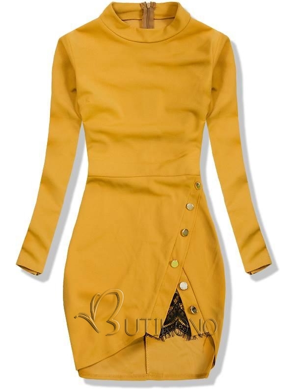 Hořčicově-žluté šaty s ozdobnými knoflíky a krajkou