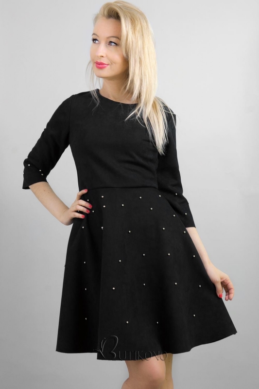 Černé semišové šaty s perličkami