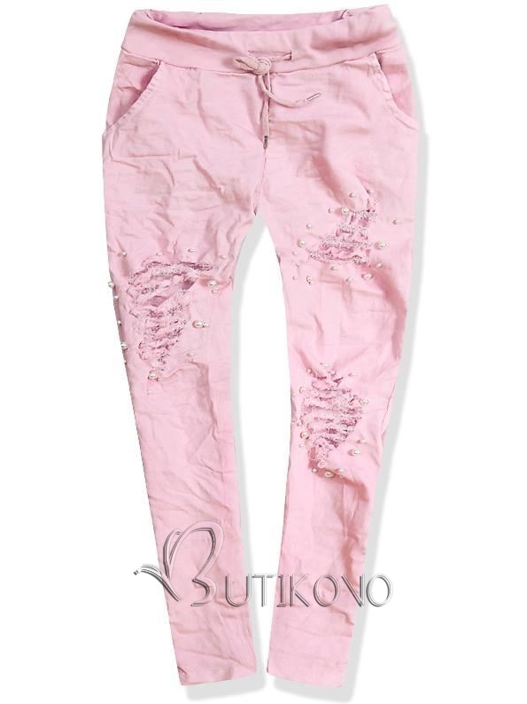Růžové bavlněné kalhoty s dírami