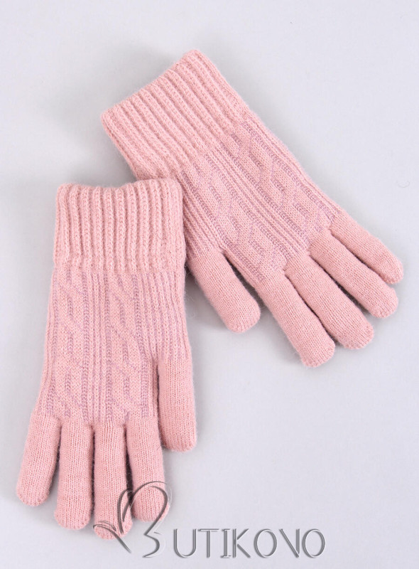 Rukavice s pleteným vzorem růžové
