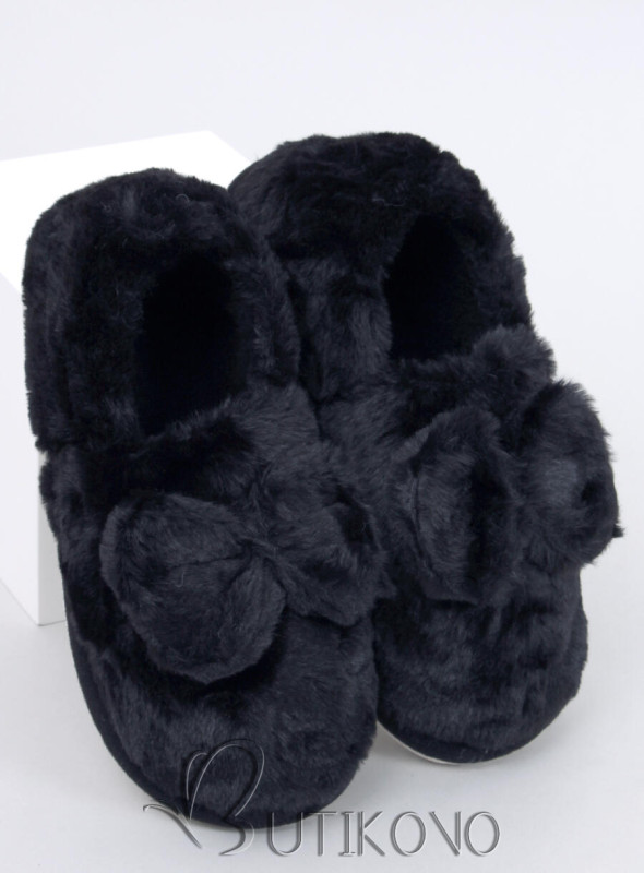 Černé kožešinové papuče s mašlí