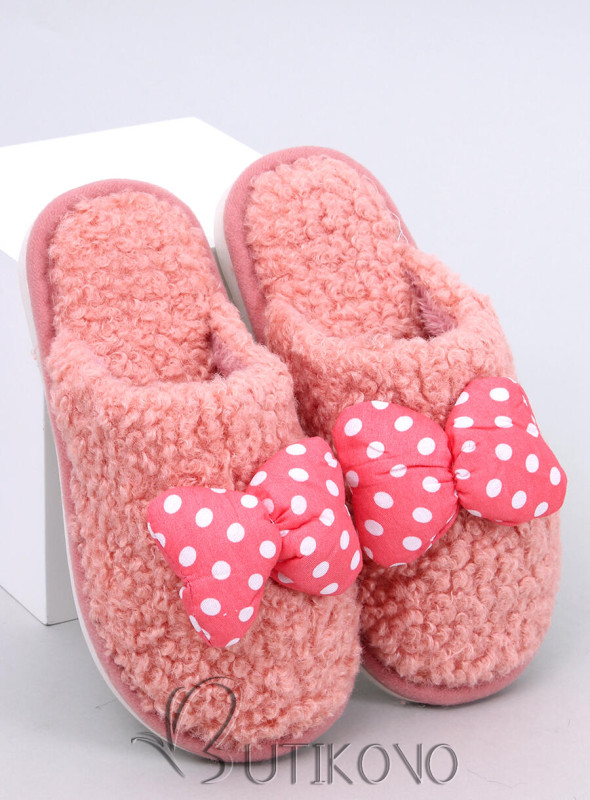 Lososově růžové dětské pantofle s mašlí