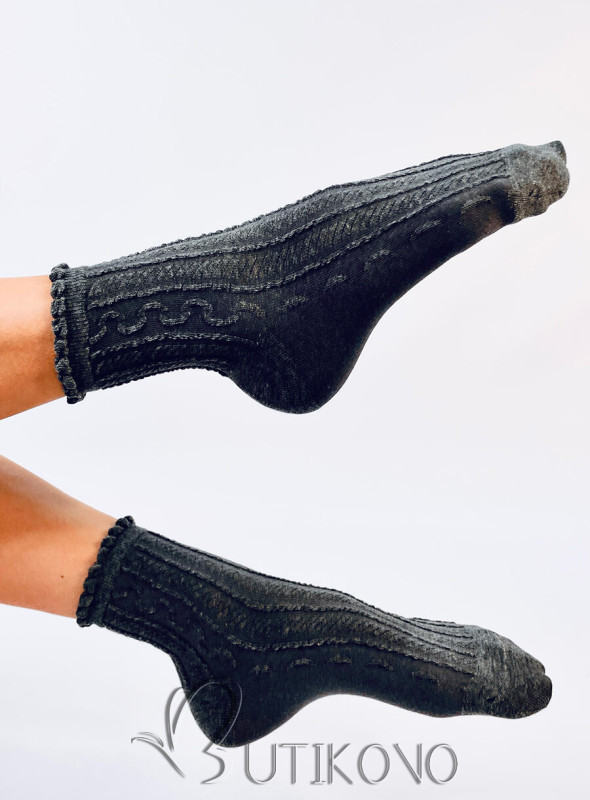 Tmavě šedé dámské ponožky s volánem