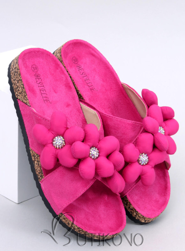 Semišové pantofle s květinami fuchsiově růžové