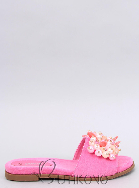 Růžové semišové pantofle s perličkami