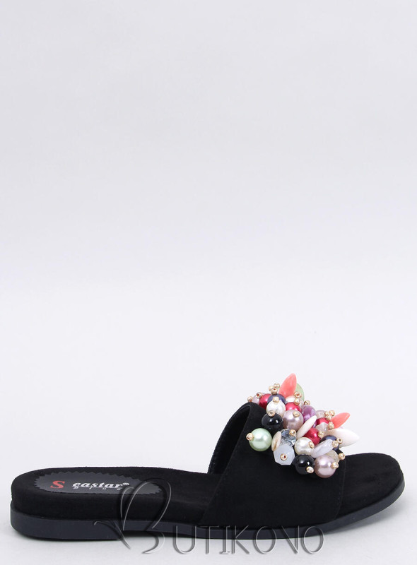 Černé semišové pantofle s perličkami