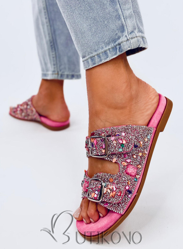 Dámské pantofle s kamínky růžové