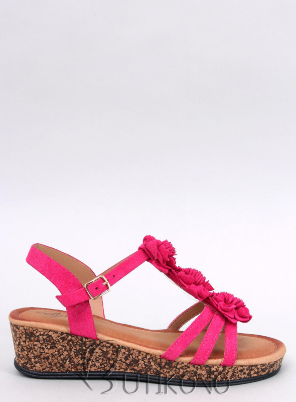 Fuchsiově růžové sandály s korkovým podpatkem