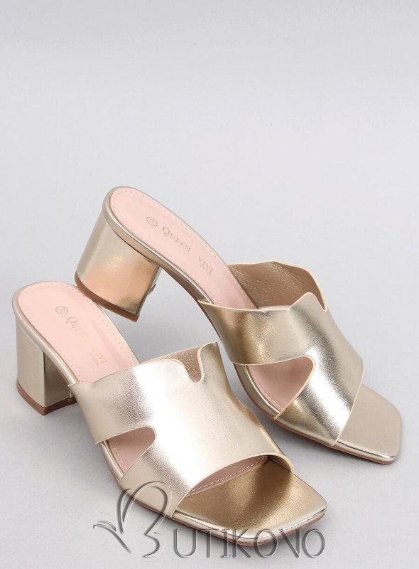 Elegantní pantofle na podpatku ve zlaté barvě