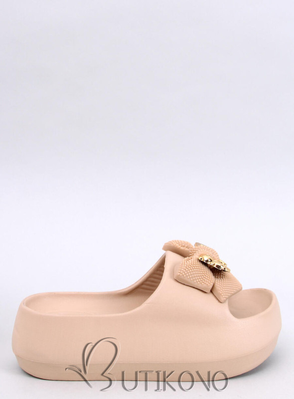 Béžové dámské gumové pantofle s mašlí