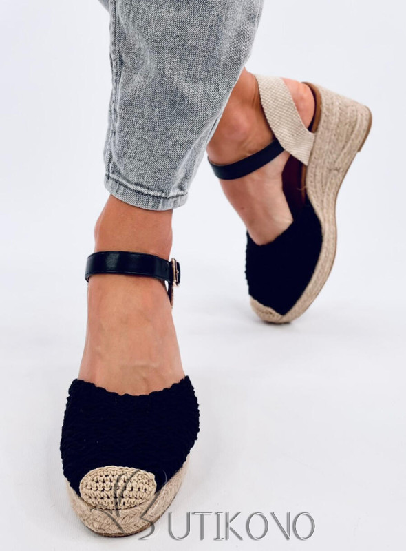 Sandály - espadrilky na klínovém podpatku černé
