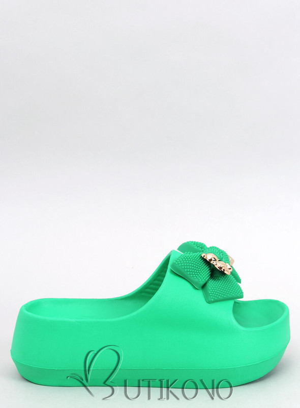 Zelené dámské gumové pantofle s mašlí