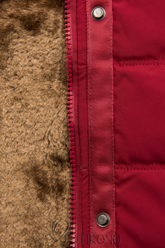 Červená zimní bunda s plyšem a kožešinou