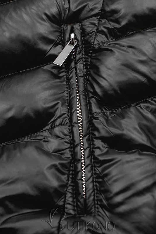 Černá zimní krátká bunda s černou kožešinou